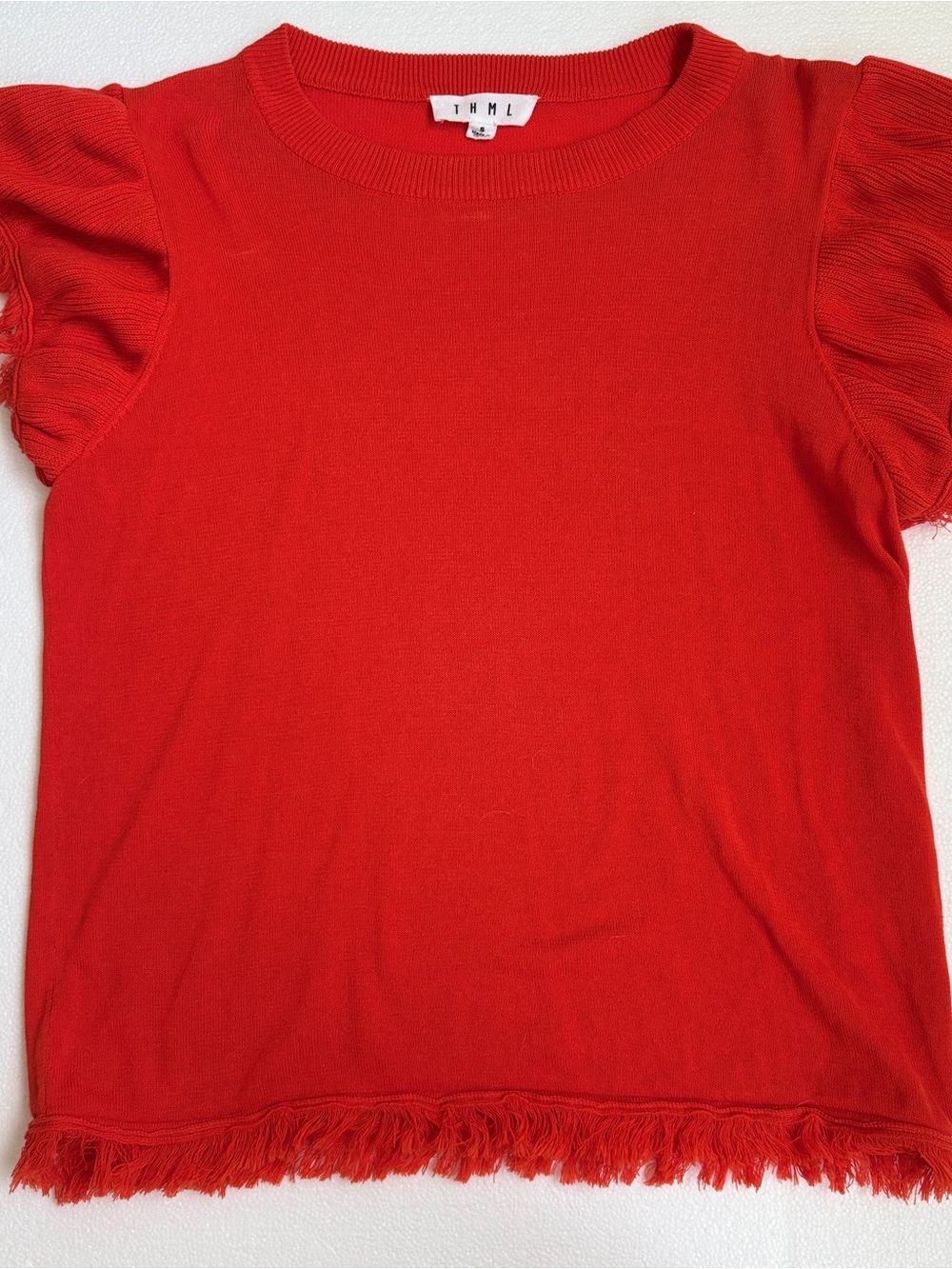 THML Red Knit Crewneck Top with Fringe Trim. Tomato Red.